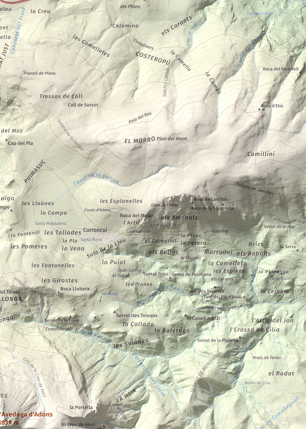 Mapa de relieve de l'Avedoga d'Adons, 1839 m, Alta Ribagorça · Pallars Jussà, lámina 100 Cims de Trobart. Detalle de la zona superior derecha. 50 × 70 cm.