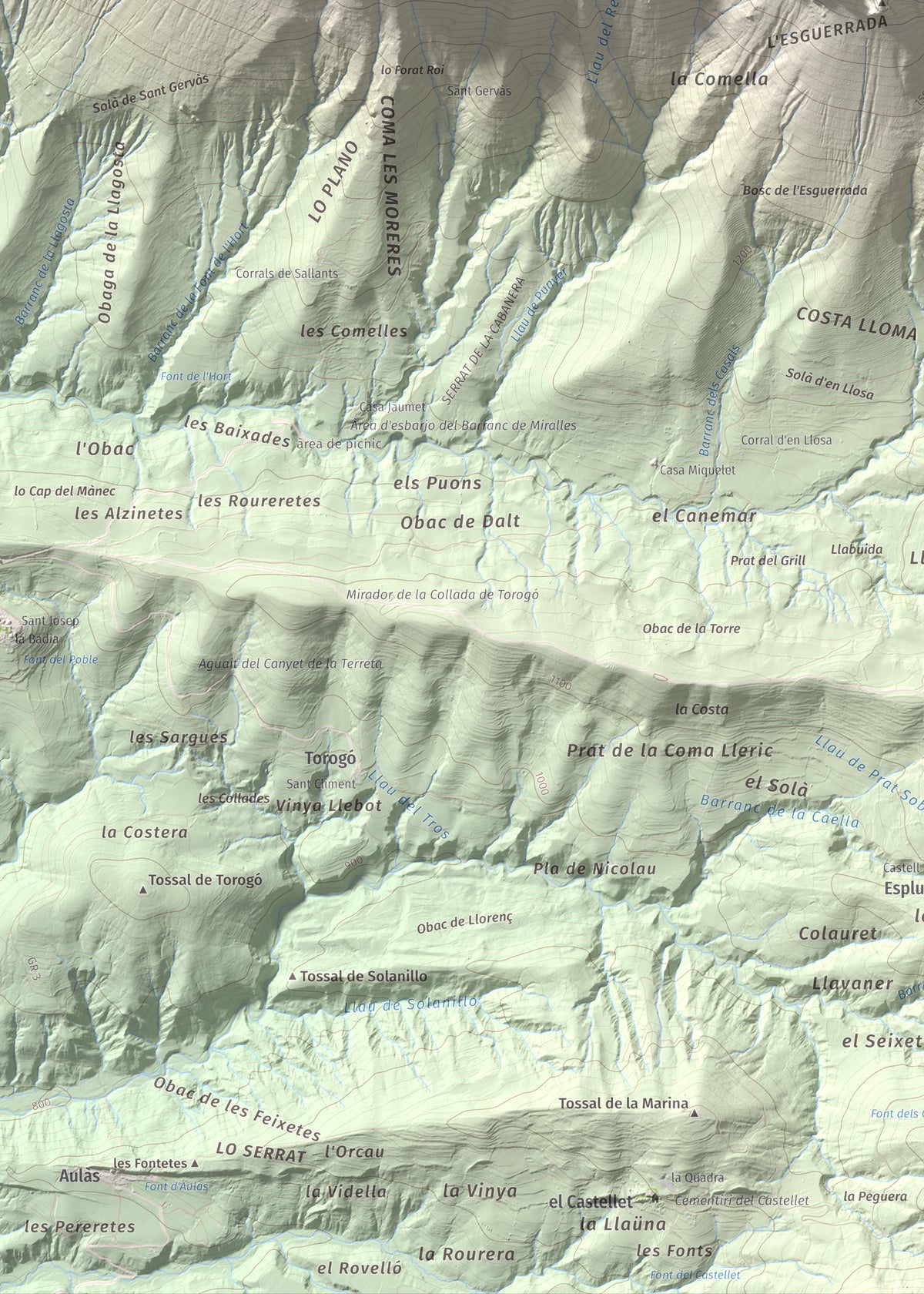 Mapa de relieve de l'Avedoga d'Adons, 1839 m, Alta Ribagorça · Pallars Jussà, lámina 100 Cims de Trobart. Detalle de la zona inferior izquierda. 50 × 70 cm.