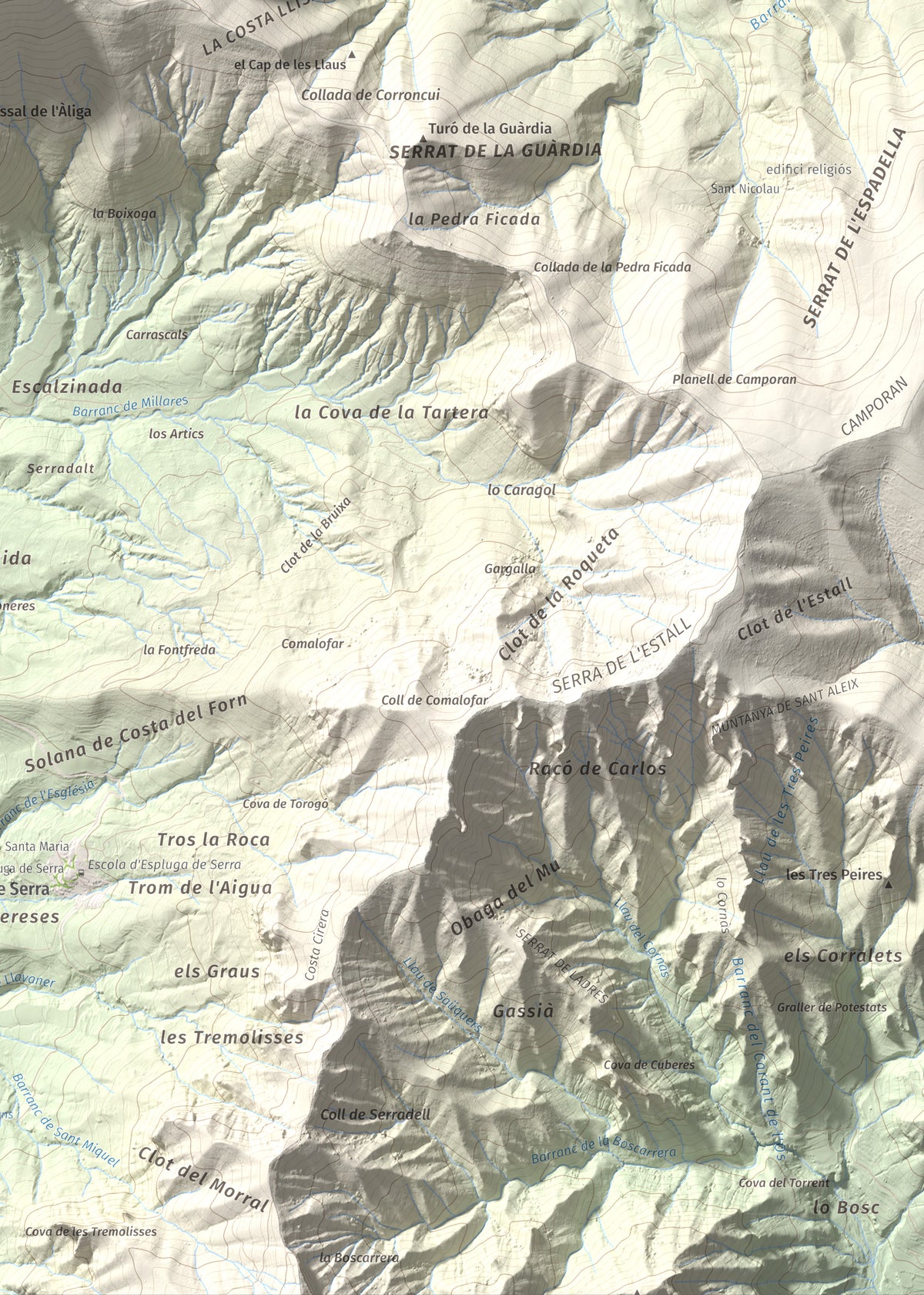 Mapa de relieve de l'Avedoga d'Adons, 1839 m, Alta Ribagorça · Pallars Jussà, lámina 100 Cims de Trobart. Detalle de la zona inferior derecha. 50 × 70 cm.