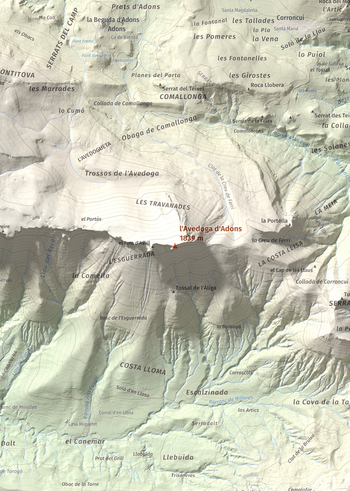 Mapa de relieve de l'Avedoga d'Adons, 1839 m, Alta Ribagorça · Pallars Jussà, lámina 100 Cims de Trobart. Detalle de la zona central. 50 × 70 cm.