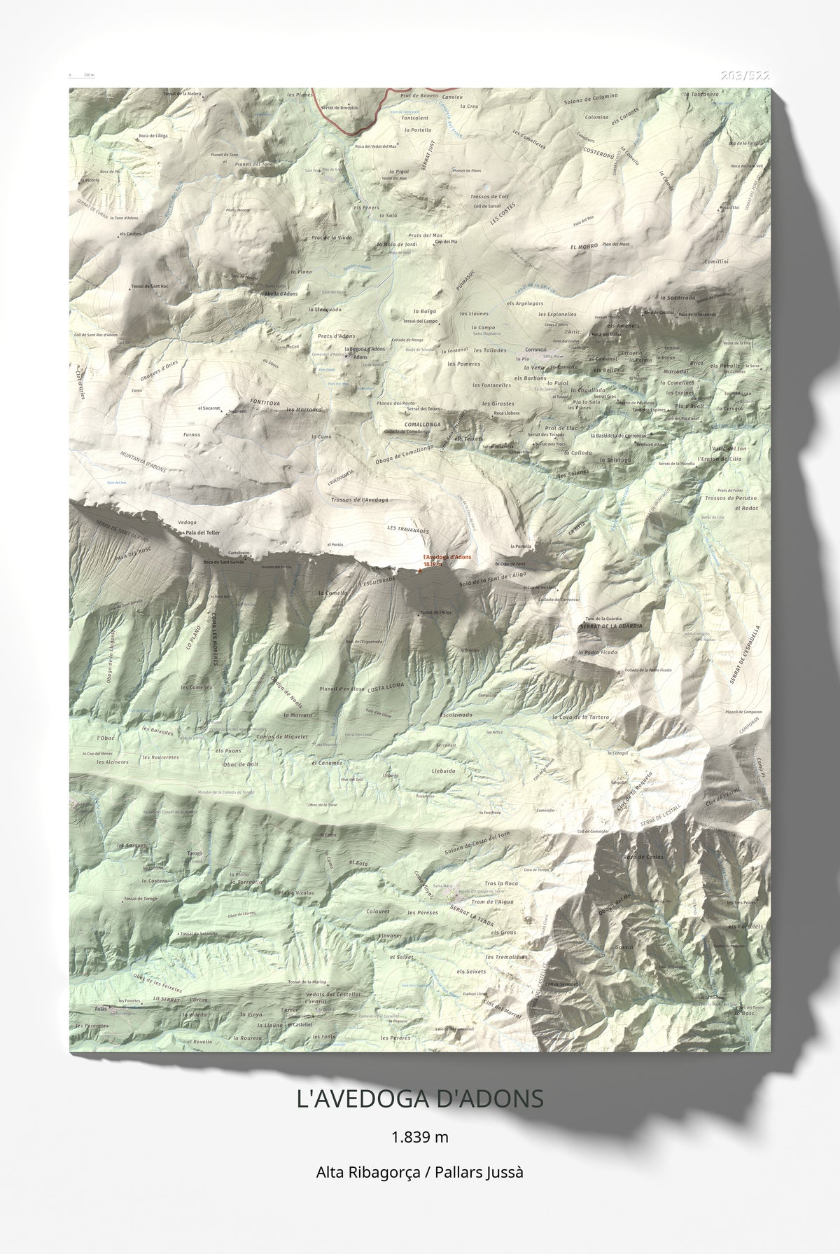 Mapa de relieve de l'Avedoga d'Adons, 1839 m, Alta Ribagorça · Pallars Jussà, lámina 100 Cims de Trobart 61 × 91 cm.