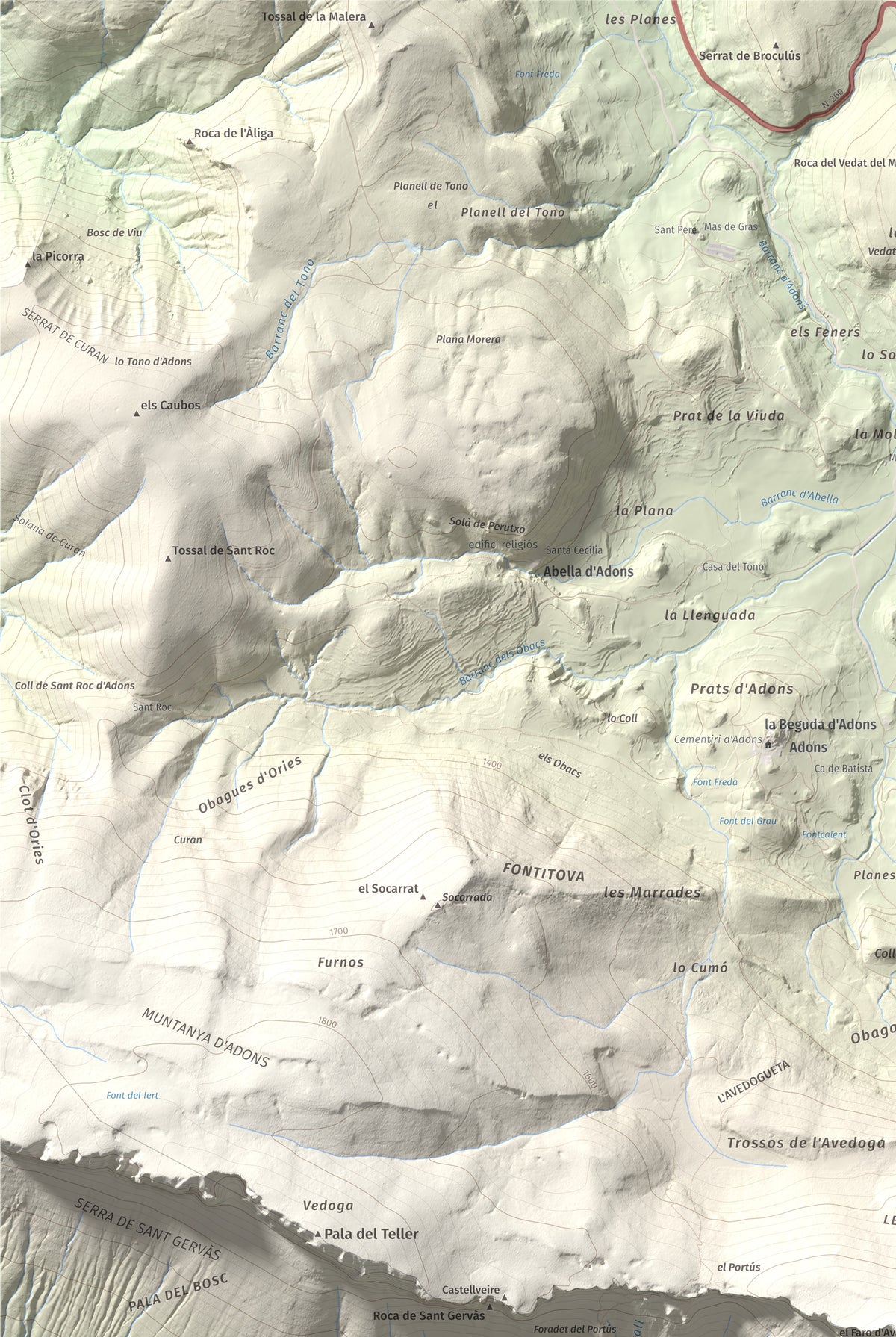 Mapa de relieve de l'Avedoga d'Adons, 1839 m, Alta Ribagorça · Pallars Jussà, lámina 100 Cims de Trobart. Detalle de la zona superior izquierda. 61 × 91 cm.