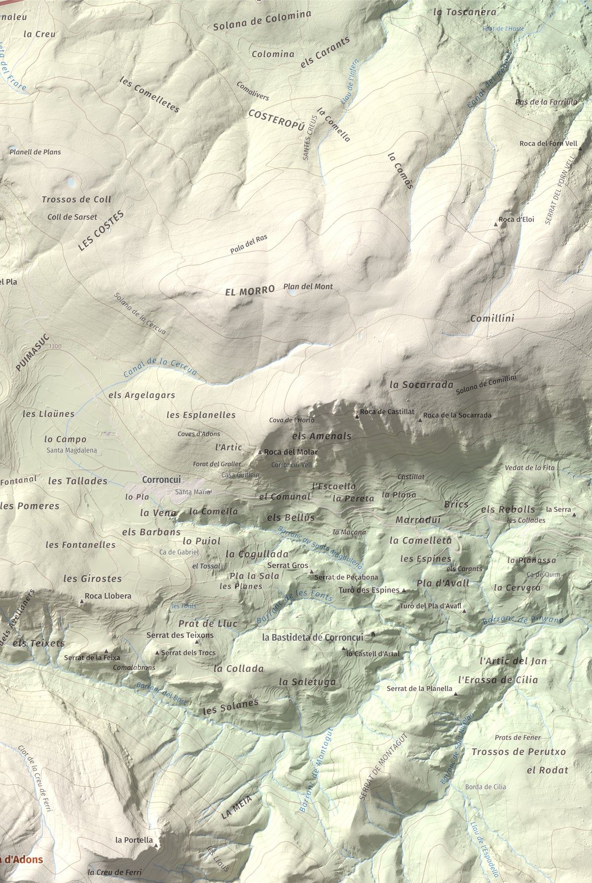 Mapa de relieve de l'Avedoga d'Adons, 1839 m, Alta Ribagorça · Pallars Jussà, lámina 100 Cims de Trobart. Detalle de la zona superior derecha. 61 × 91 cm.