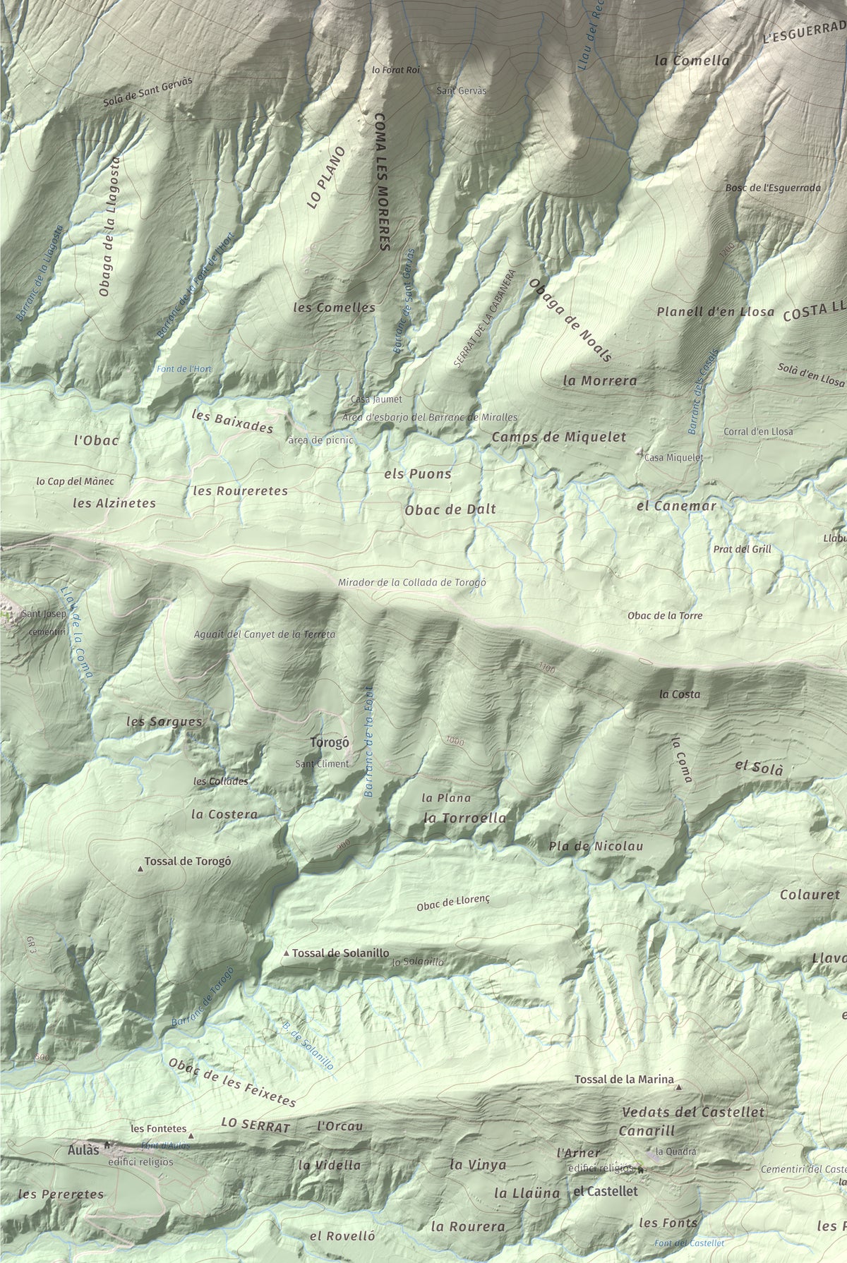Mapa de relieve de l'Avedoga d'Adons, 1839 m, Alta Ribagorça · Pallars Jussà, lámina 100 Cims de Trobart. Detalle de la zona inferior izquierda. 61 × 91 cm.