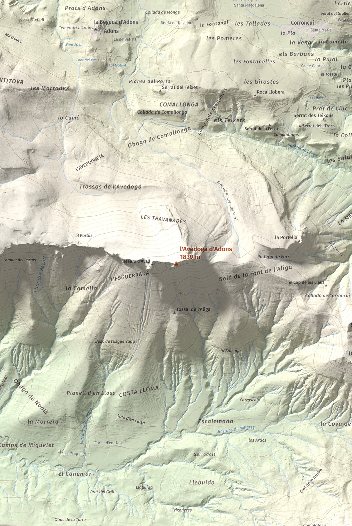 Mapa de relieve de l'Avedoga d'Adons, 1839 m, Alta Ribagorça · Pallars Jussà, lámina 100 Cims de Trobart. Detalle de la zona central. 61 × 91 cm.