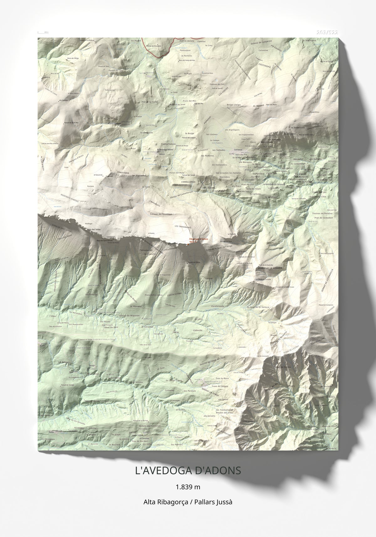 Mapa de relieve de l'Avedoga d'Adons, 1839 m, Alta Ribagorça · Pallars Jussà, lámina 100 Cims de Trobart 70 × 100 cm.