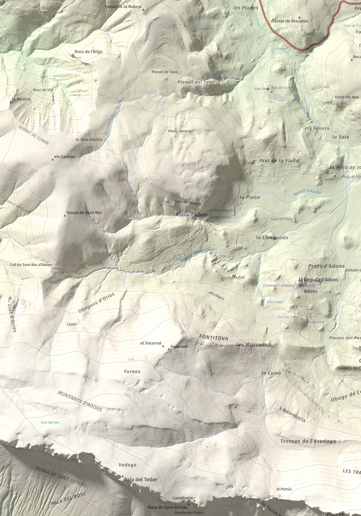 Mapa de relieve de l'Avedoga d'Adons, 1839 m, Alta Ribagorça · Pallars Jussà, lámina 100 Cims de Trobart. Detalle de la zona superior izquierda. 70 × 100 cm.