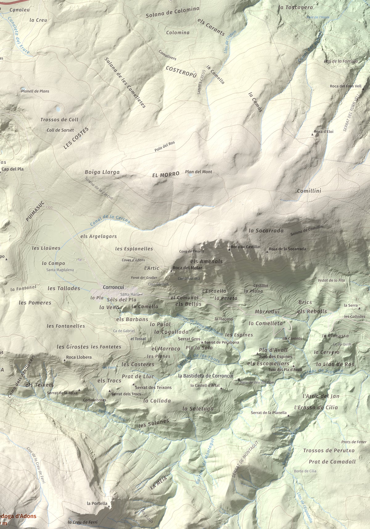 Mapa de relieve de l'Avedoga d'Adons, 1839 m, Alta Ribagorça · Pallars Jussà, lámina 100 Cims de Trobart. Detalle de la zona superior derecha. 70 × 100 cm.