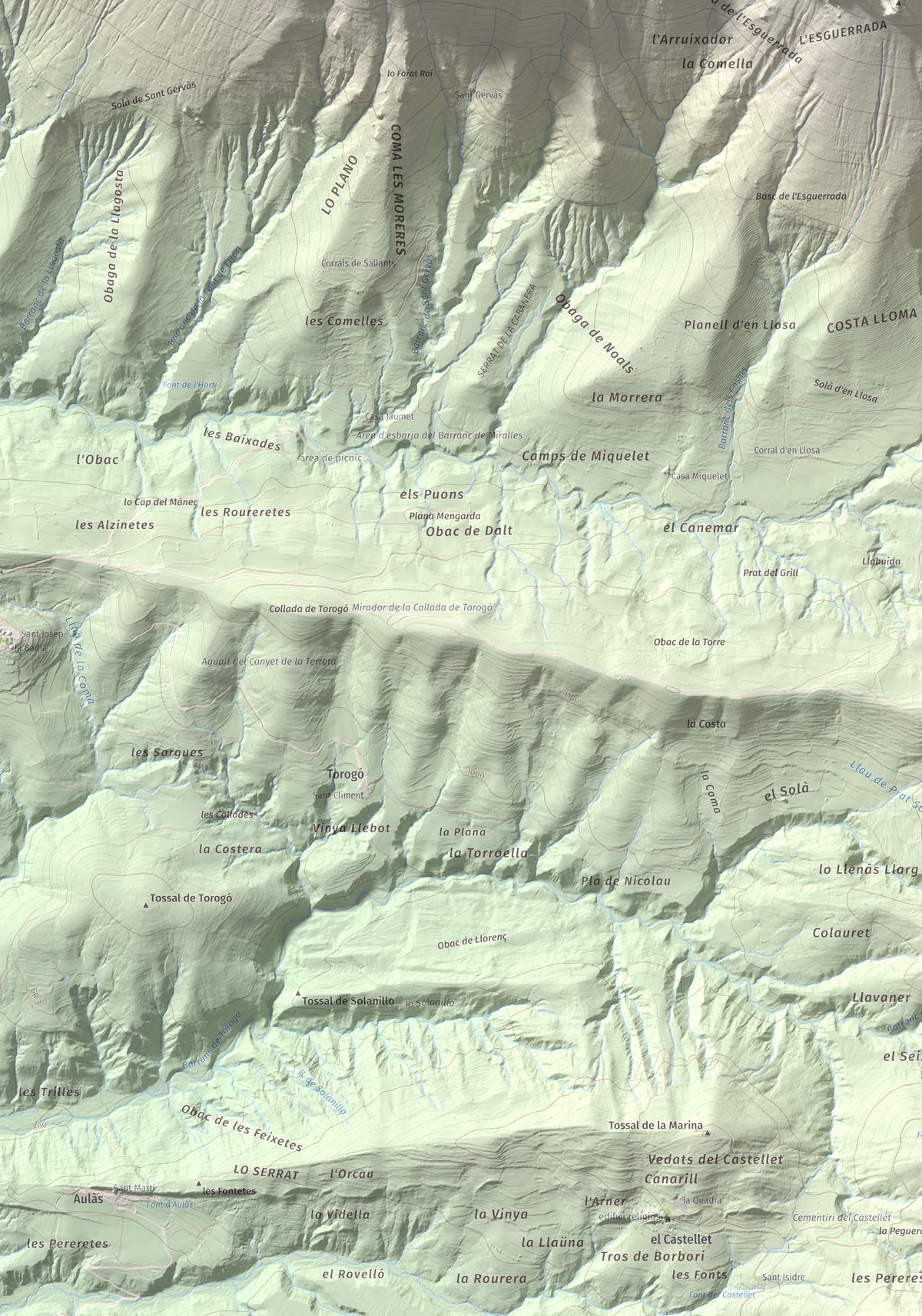 Mapa de relieve de l'Avedoga d'Adons, 1839 m, Alta Ribagorça · Pallars Jussà, lámina 100 Cims de Trobart. Detalle de la zona inferior izquierda. 70 × 100 cm.