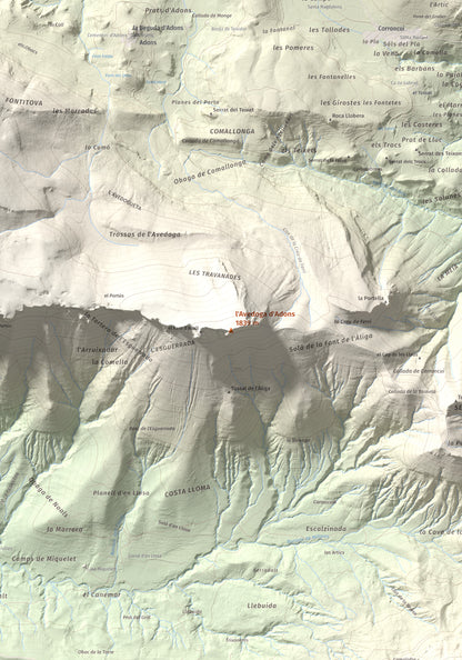 Mapa de relieve de l'Avedoga d'Adons, 1839 m, Alta Ribagorça · Pallars Jussà, lámina 100 Cims de Trobart. Detalle de la zona central. 70 × 100 cm.