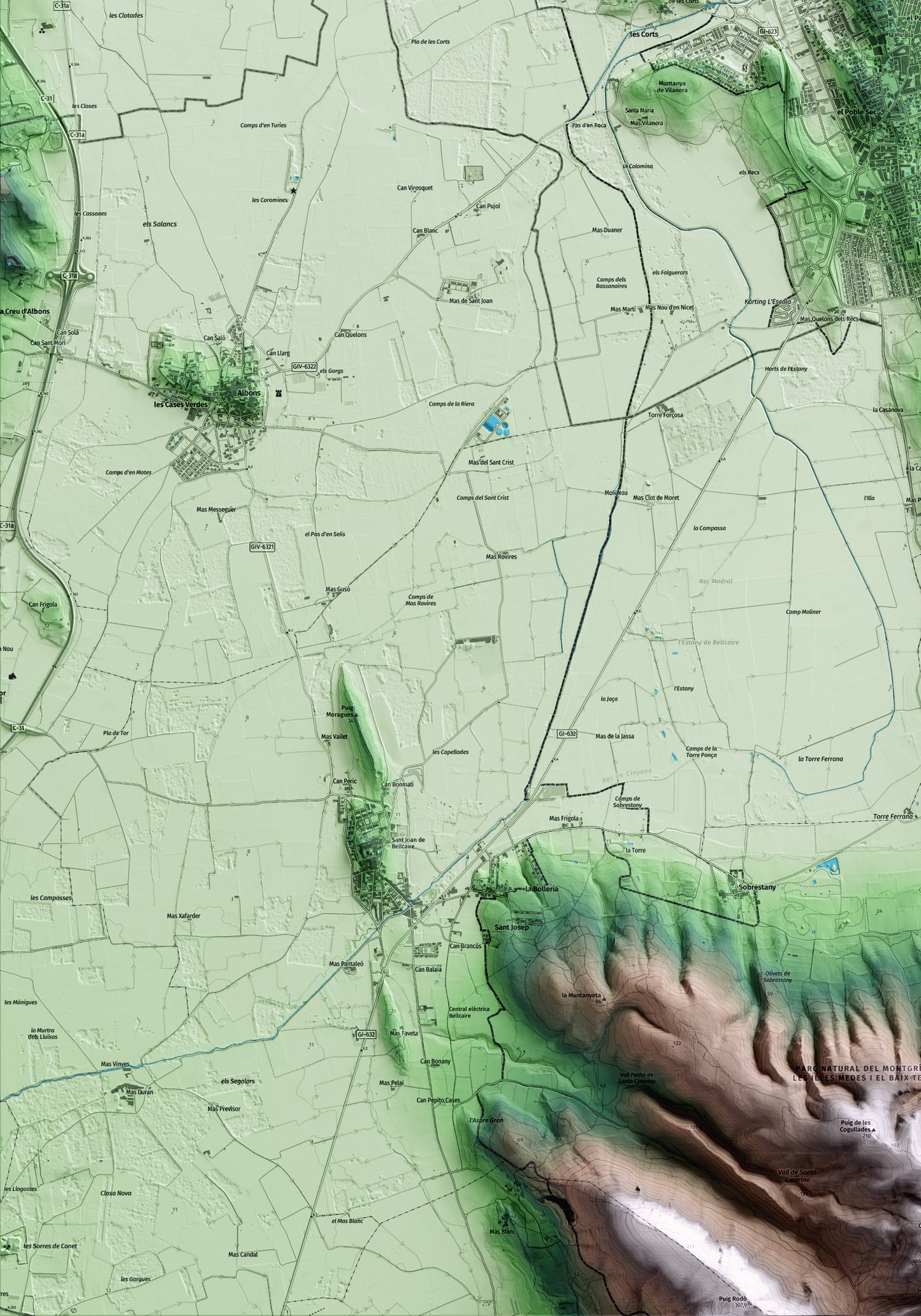 Mapa artístico del relieve de l'Escala, a la Alt Empordà, con 15 km de entorno y base topográfica ICGC. Detalle de la zona inferior izquierda.