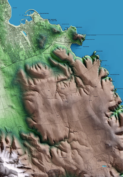 Mapa artístico del relieve de l'Escala, a la Alt Empordà, con 15 km de entorno y base topográfica ICGC. Detalle de la zona inferior derecha.
