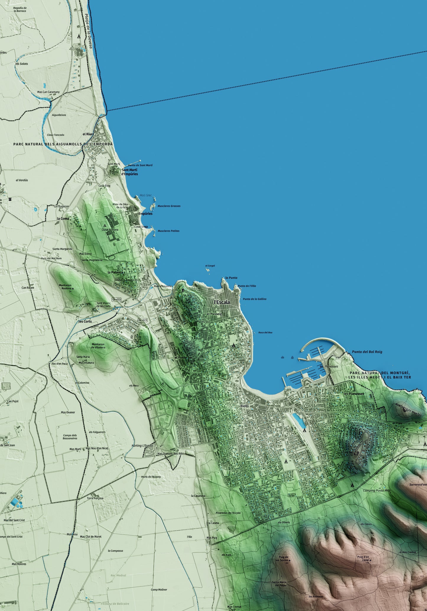Mapa artístico del relieve de l'Escala, a la Alt Empordà, con 15 km de entorno y base topográfica ICGC. Detalle de la zona central.
