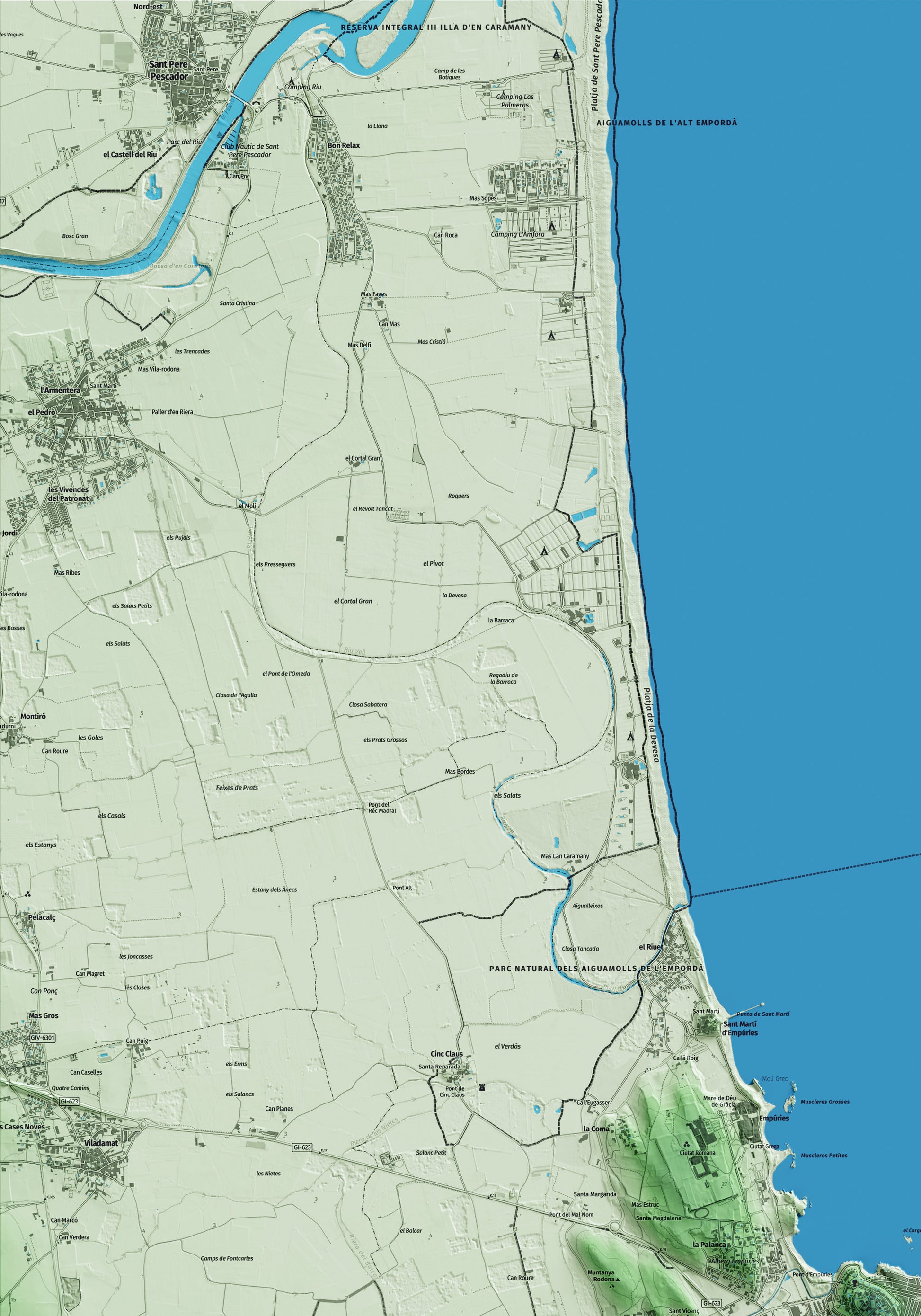 Mapa artístico del relieve de l'Escala, a la Alt Empordà, con 15 km de entorno y base topográfica ICGC. Detalle de la zona superior izquierda.