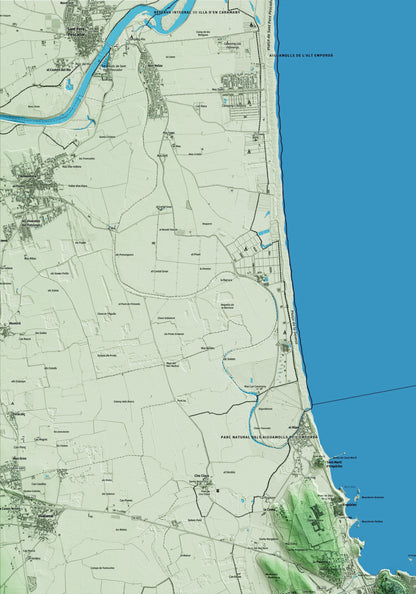 Mapa artístico del relieve de l'Escala, a la Alt Empordà, con 15 km de entorno y base topográfica ICGC. Detalle de la zona superior izquierda.