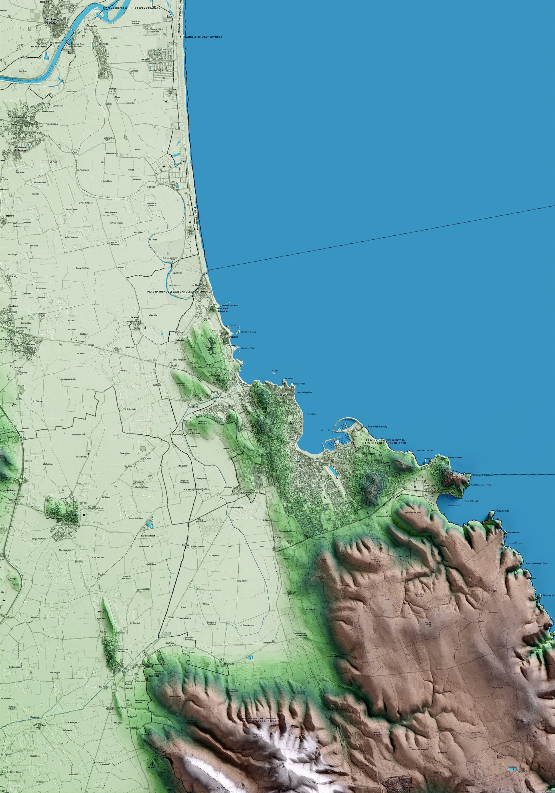 Mapa artístico del relieve de l'Escala, a la Alt Empordà, con 15 km de entorno y base topográfica ICGC