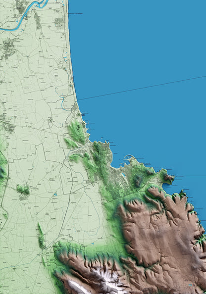 Mapa artístico del relieve de l'Escala, a la Alt Empordà, con 15 km de entorno y base topográfica ICGC