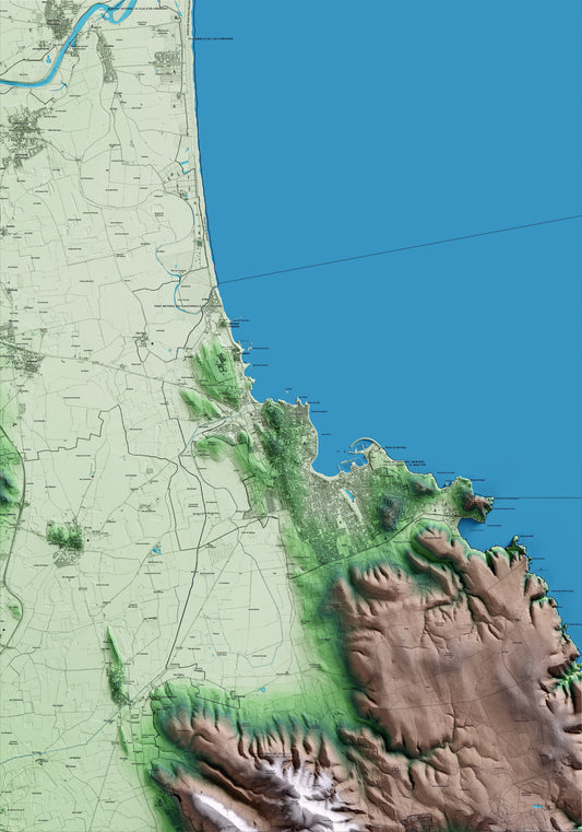 Mapa artístico del relieve de l'Escala, a la Alt Empordà, con 15 km de entorno y base topográfica ICGC