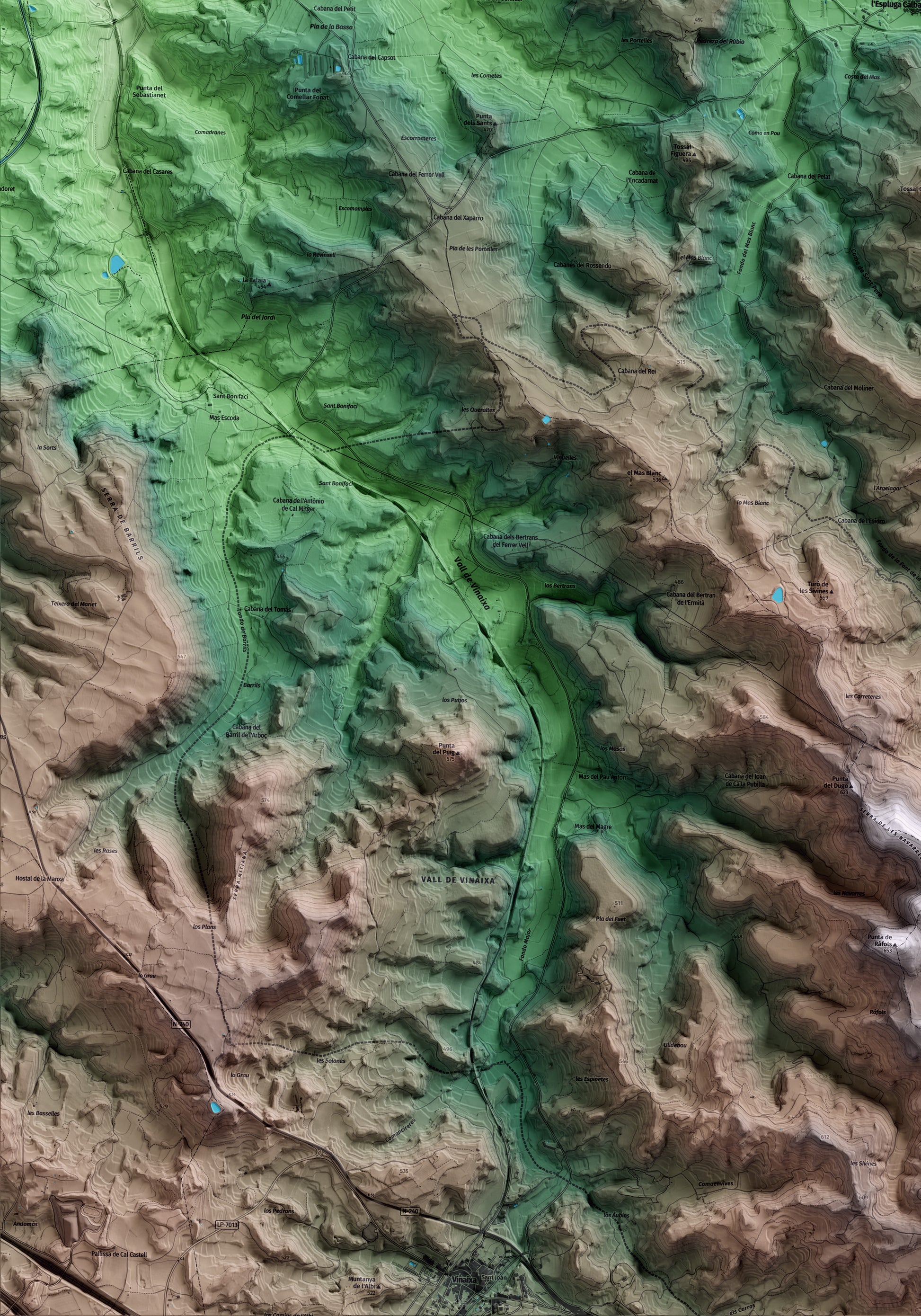 Mapa artístico del relieve de l'Espluga Calba, a las Garrigues, con 15 km de entorno y base topográfica ICGC. Detalle de la zona inferior izquierda.