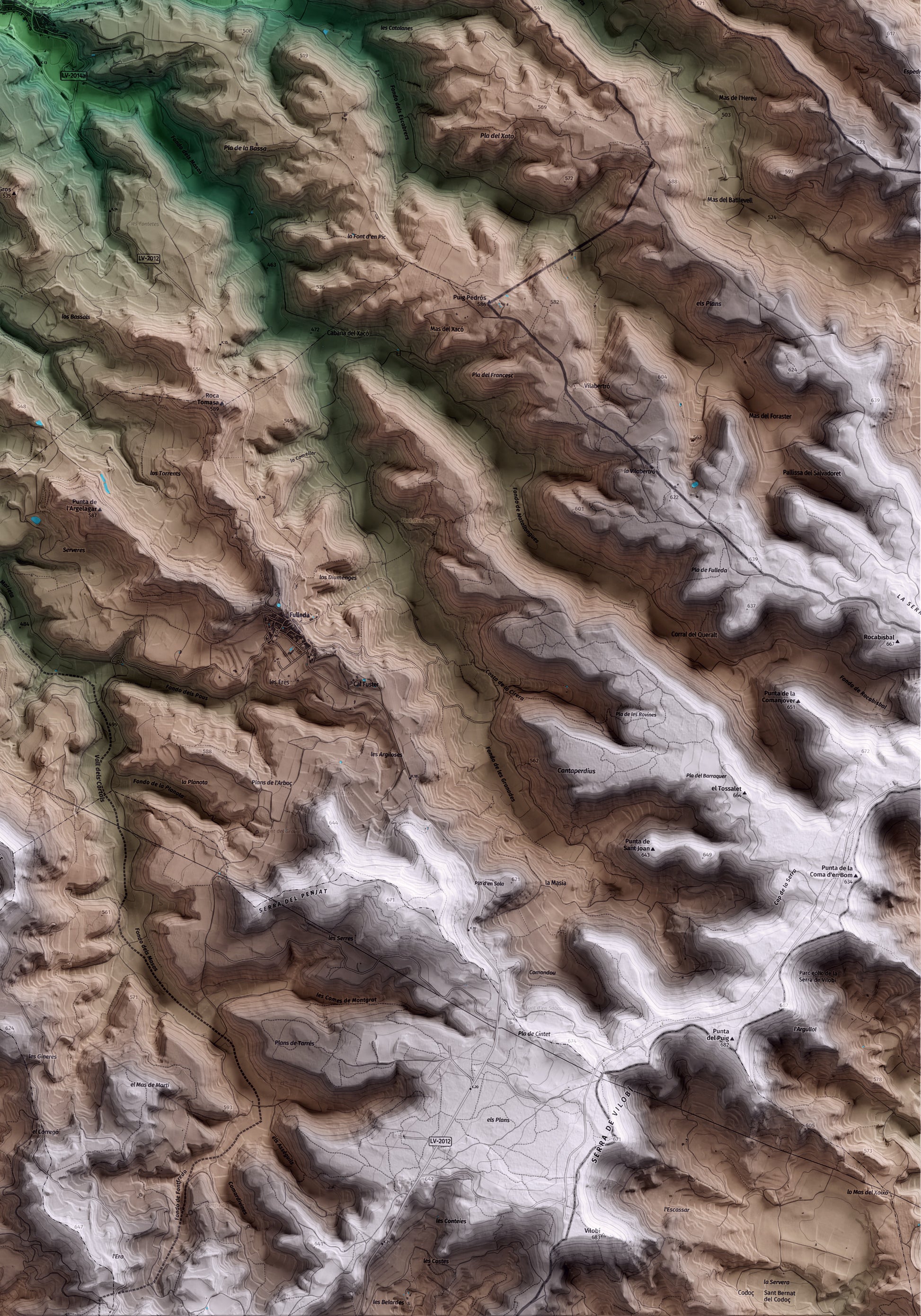 Mapa artístico del relieve de l'Espluga Calba, a las Garrigues, con 15 km de entorno y base topográfica ICGC. Detalle de la zona inferior derecha.