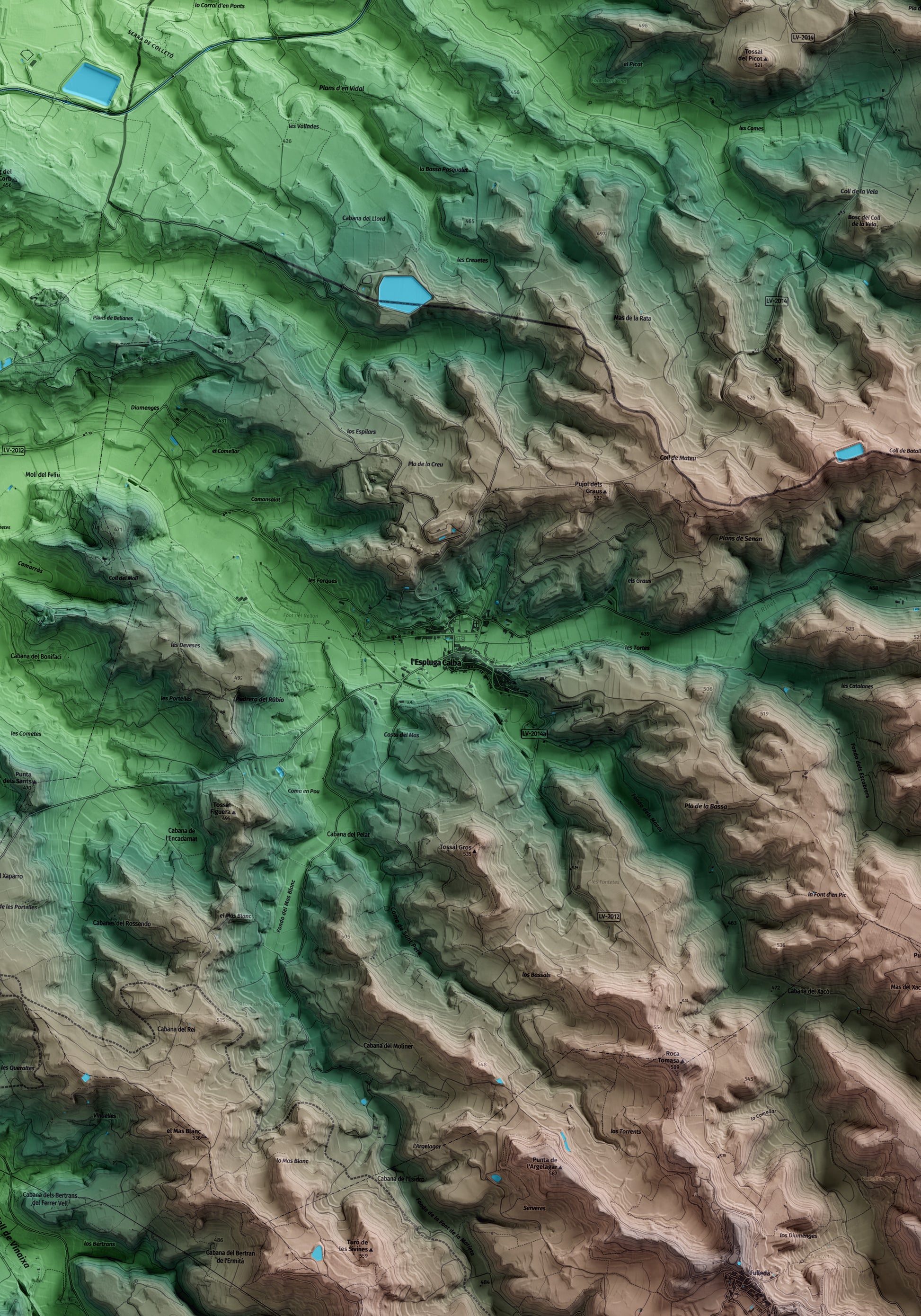 Mapa artístico del relieve de l'Espluga Calba, a las Garrigues, con 15 km de entorno y base topográfica ICGC. Detalle de la zona central.