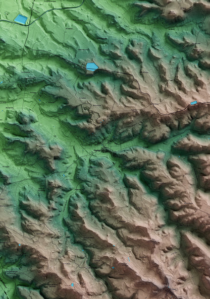 Mapa artístico del relieve de l'Espluga Calba, a las Garrigues, con 15 km de entorno y base topográfica ICGC. Detalle de la zona central.
