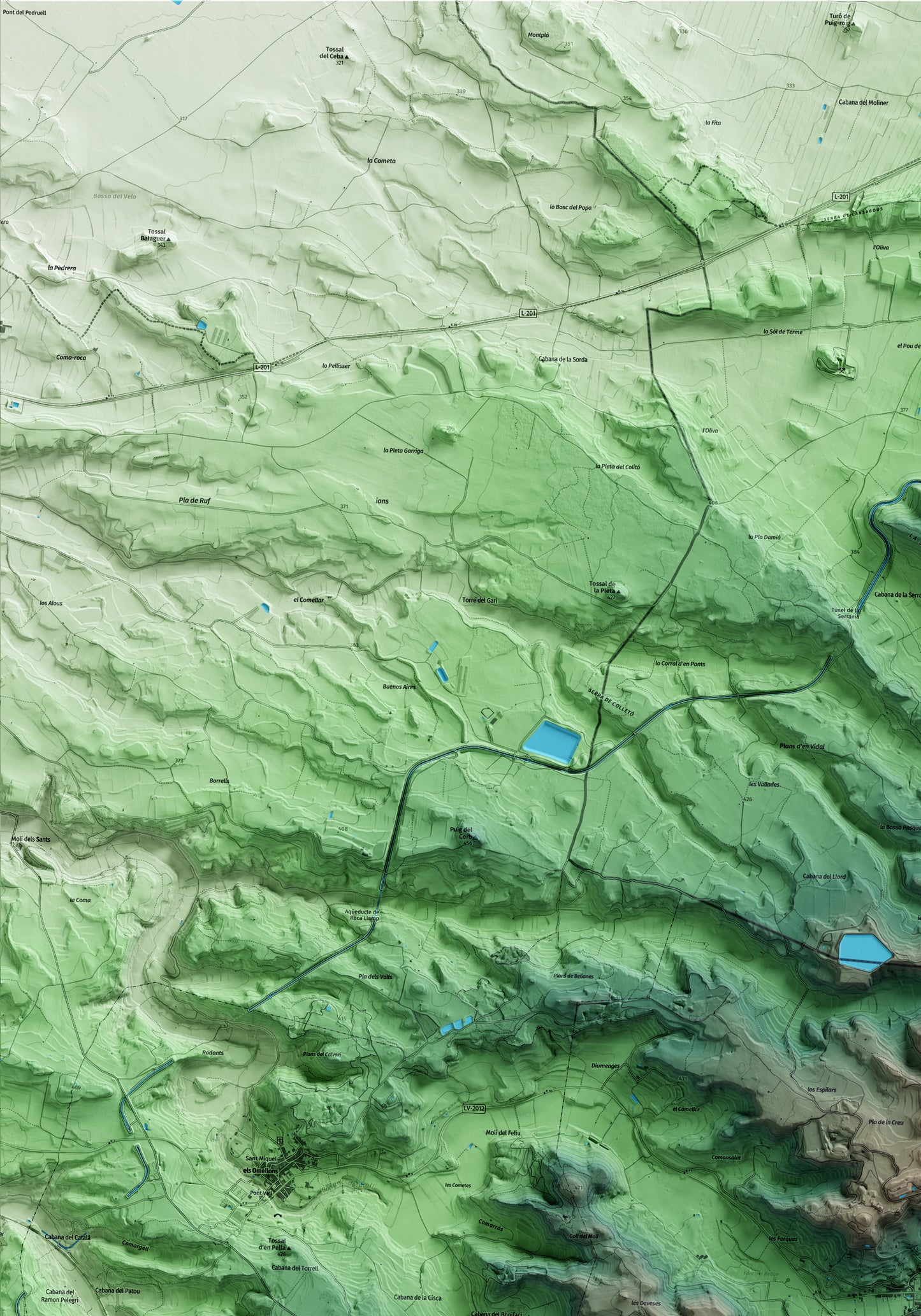 Mapa artístico del relieve de l'Espluga Calba, a las Garrigues, con 15 km de entorno y base topográfica ICGC. Detalle de la zona superior izquierda.