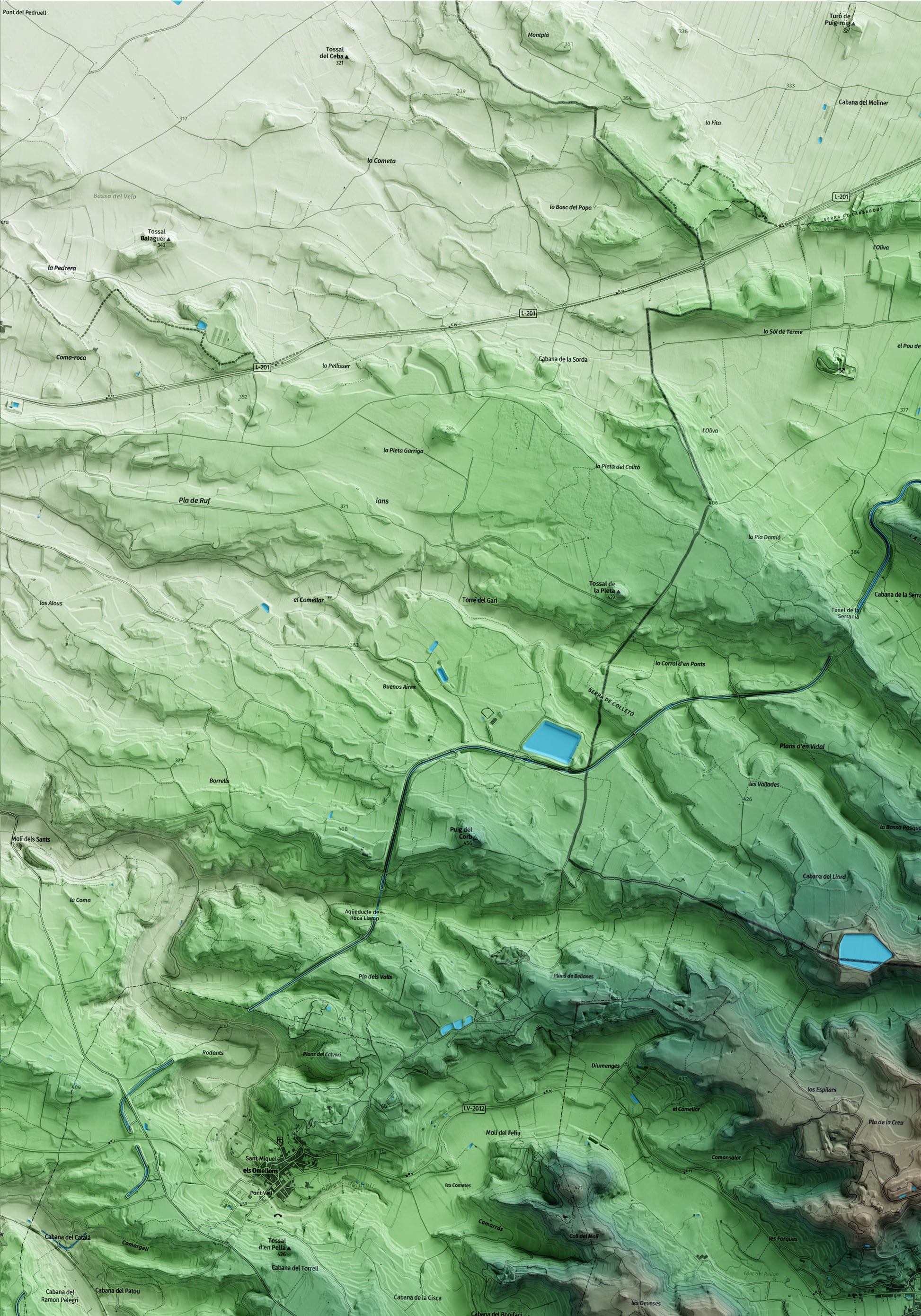 Mapa artístico del relieve de l'Espluga Calba, a las Garrigues, con 15 km de entorno y base topográfica ICGC. Detalle de la zona superior izquierda.