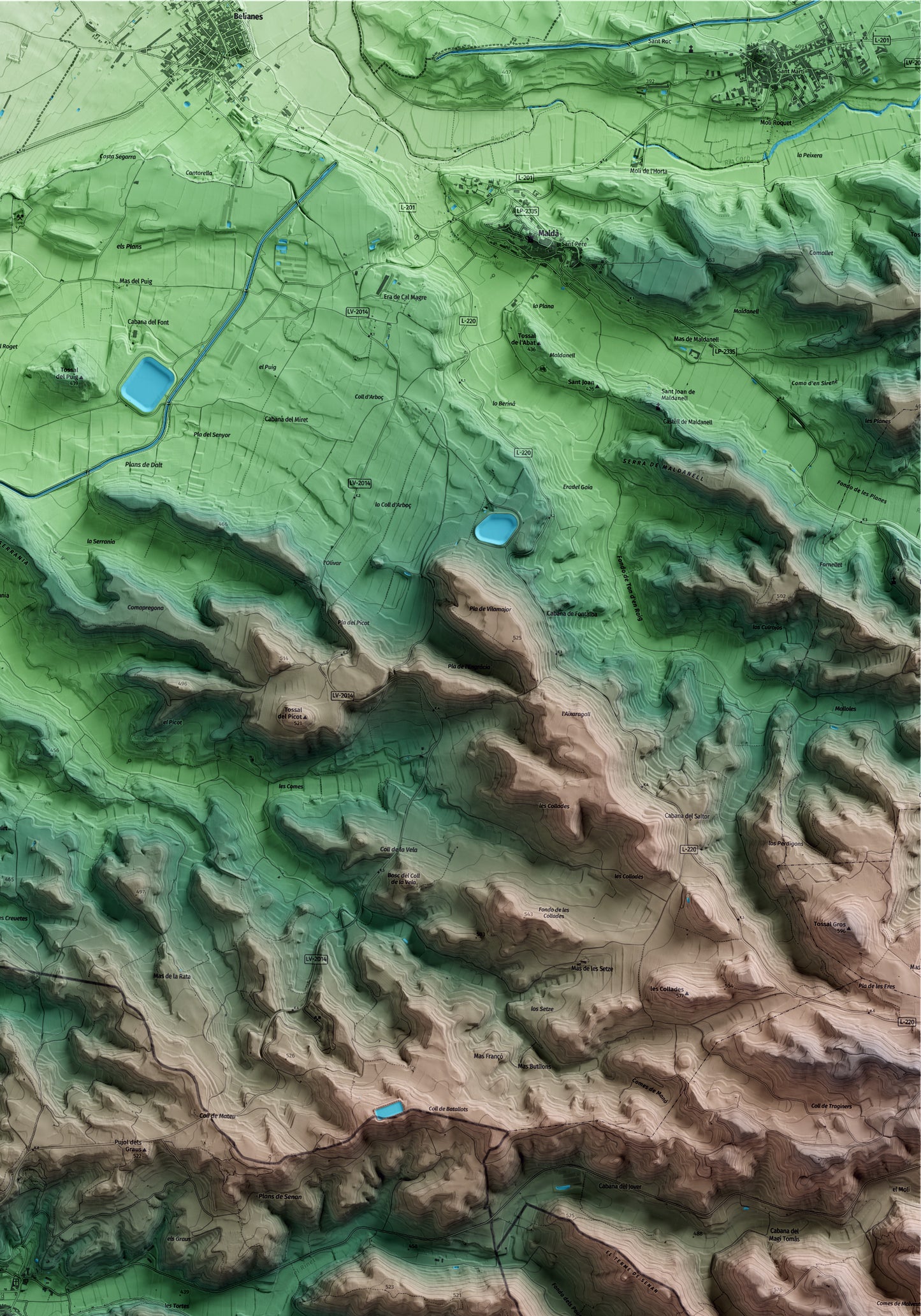 Mapa artístico del relieve de l'Espluga Calba, a las Garrigues, con 15 km de entorno y base topográfica ICGC. Detalle de la zona superior derecha.