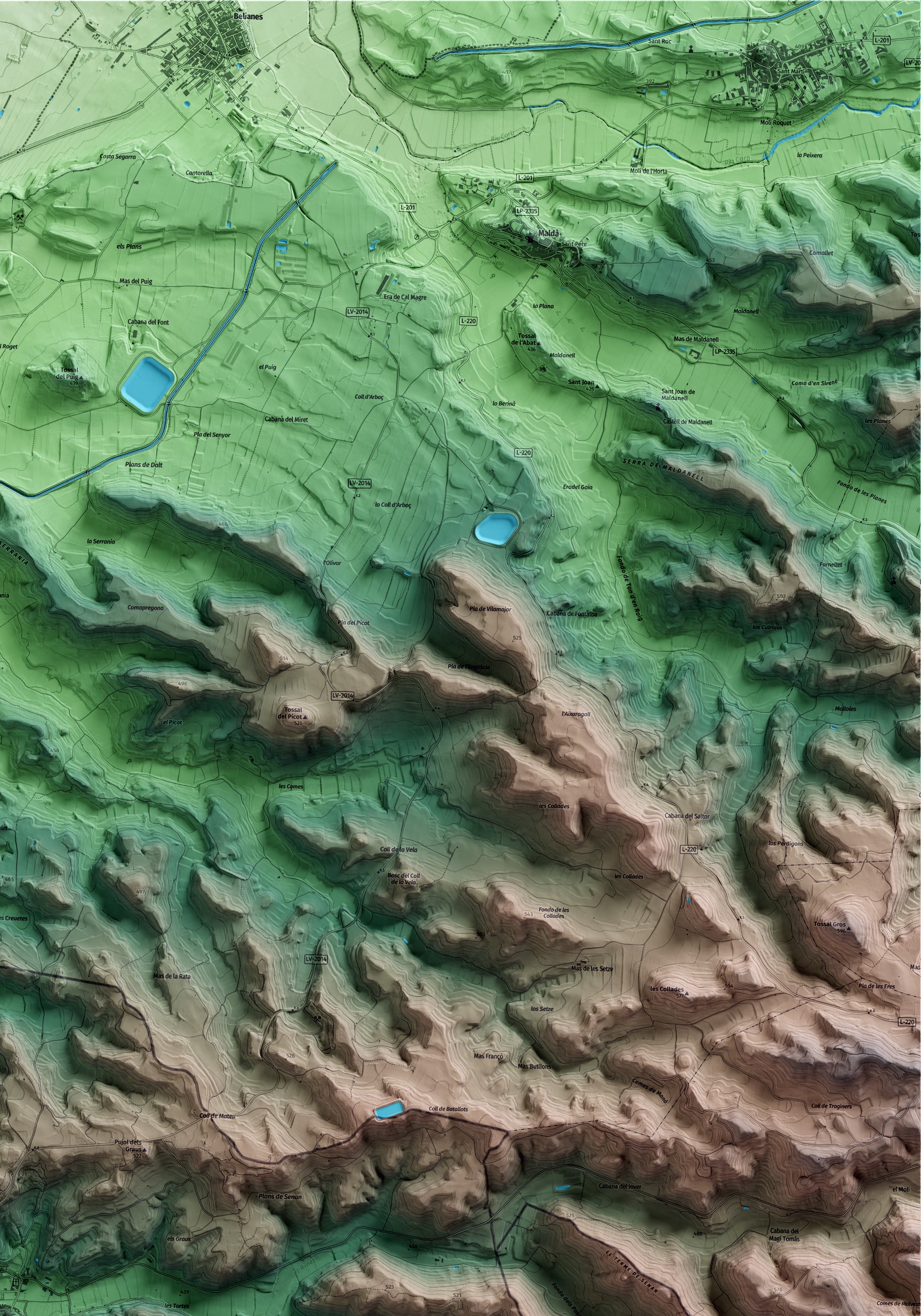 Mapa artístico del relieve de l'Espluga Calba, a las Garrigues, con 15 km de entorno y base topográfica ICGC. Detalle de la zona superior derecha.