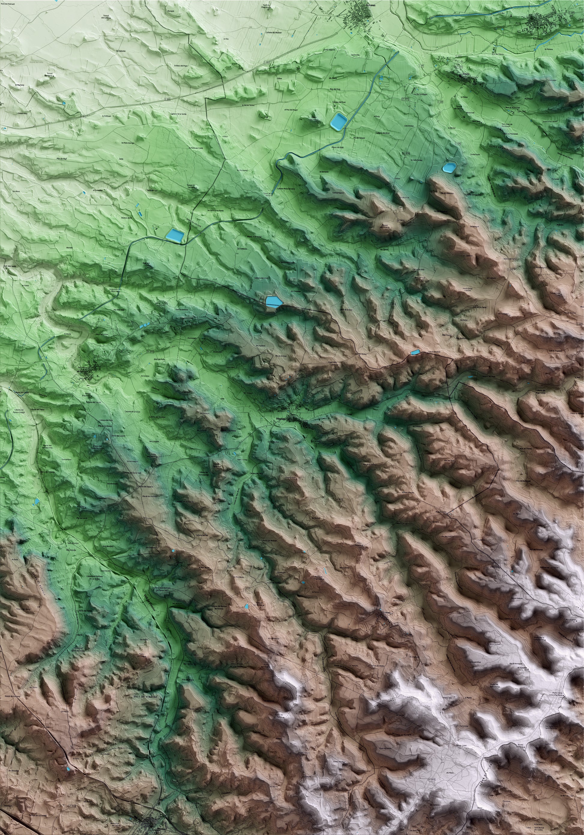 Mapa artístico del relieve de l'Espluga Calba, a las Garrigues, con 15 km de entorno y base topográfica ICGC