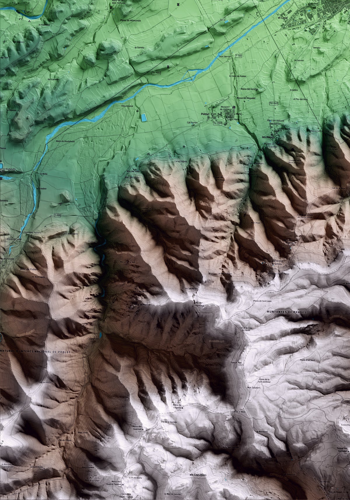 Mapa artístico del relieve de l'Espluga de Francolí, a la Conca de Barberà, con 15 km de entorno y base topográfica ICGC. Detalle de la zona inferior izquierda.
