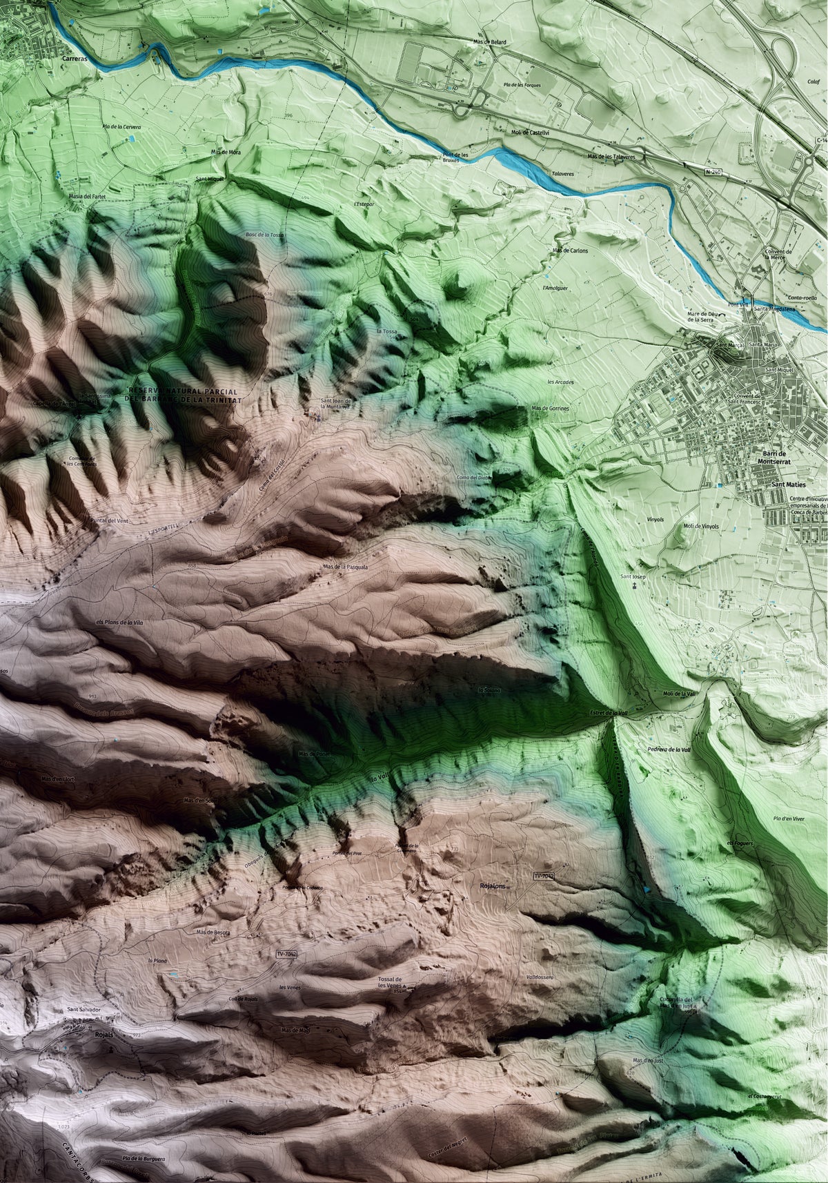 Mapa artístico del relieve de l'Espluga de Francolí, a la Conca de Barberà, con 15 km de entorno y base topográfica ICGC. Detalle de la zona inferior derecha.