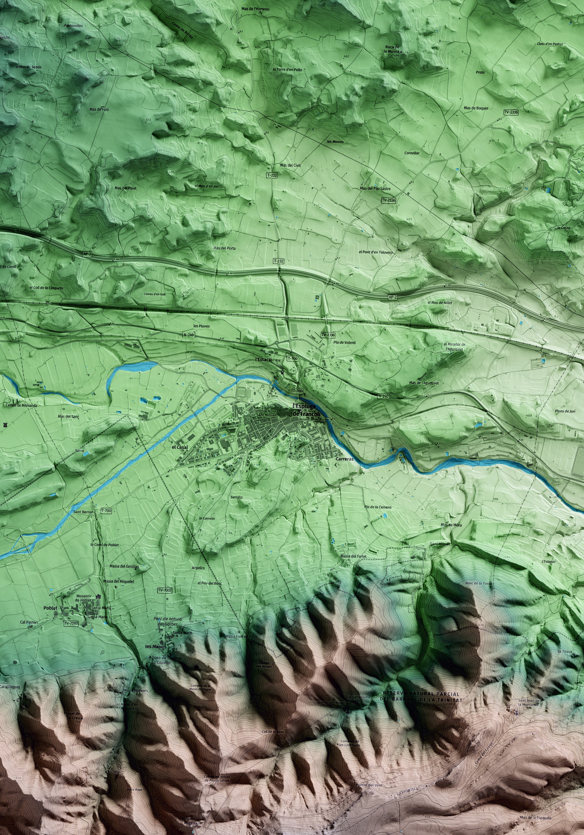 Mapa artístico del relieve de l'Espluga de Francolí, a la Conca de Barberà, con 15 km de entorno y base topográfica ICGC. Detalle de la zona central.