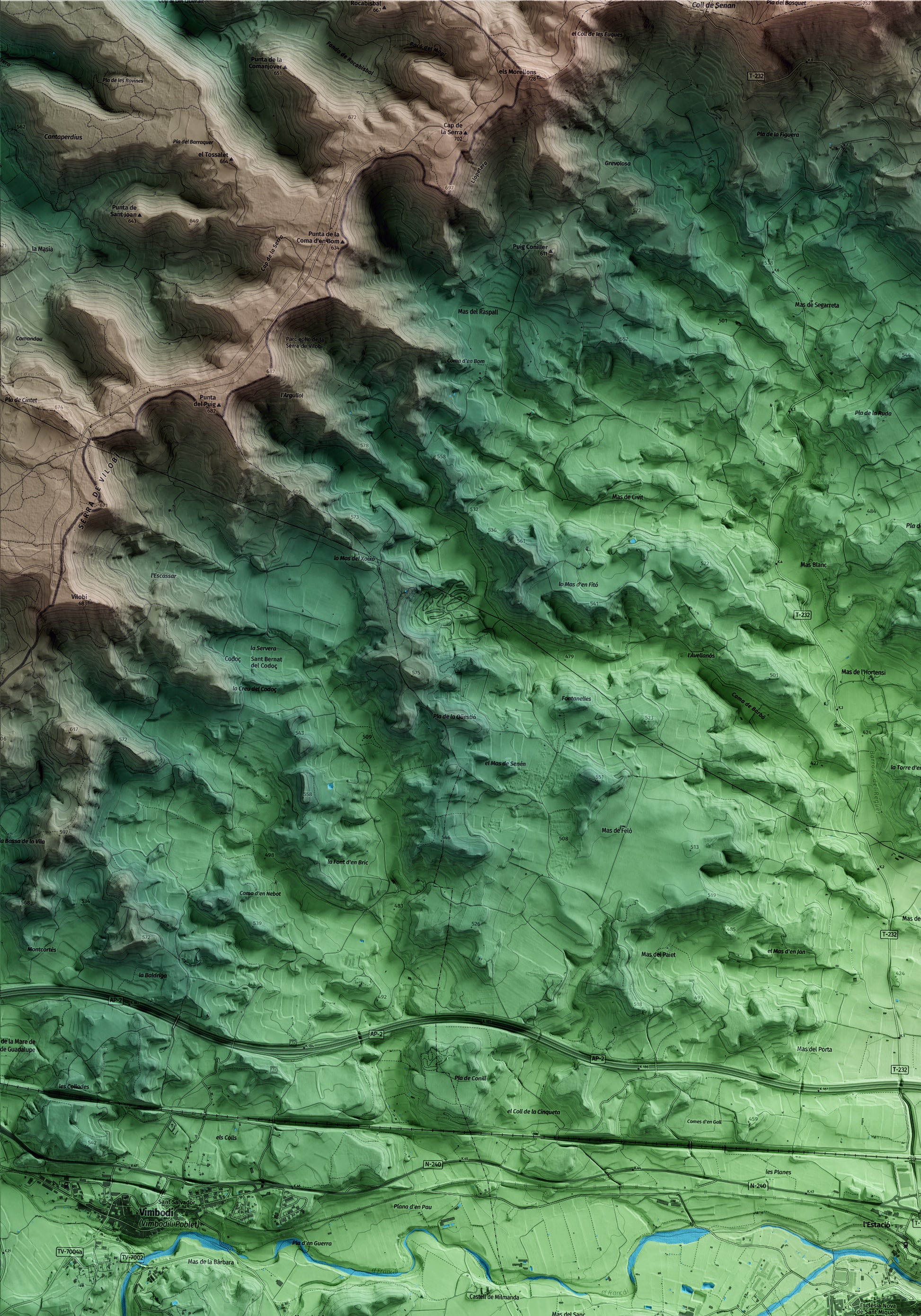 Mapa artístico del relieve de l'Espluga de Francolí, a la Conca de Barberà, con 15 km de entorno y base topográfica ICGC. Detalle de la zona superior izquierda.