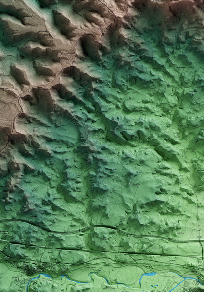 Mapa artístico del relieve de l'Espluga de Francolí, a la Conca de Barberà, con 15 km de entorno y base topográfica ICGC. Detalle de la zona superior izquierda.