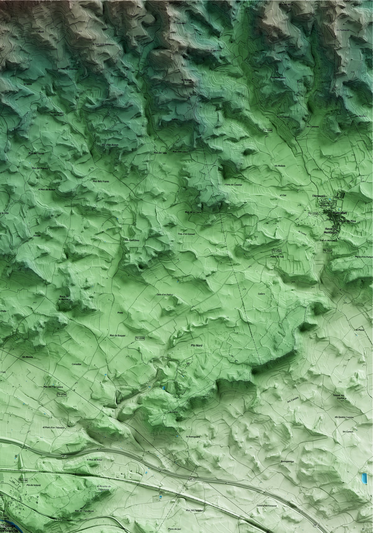 Mapa artístico del relieve de l'Espluga de Francolí, a la Conca de Barberà, con 15 km de entorno y base topográfica ICGC. Detalle de la zona superior derecha.
