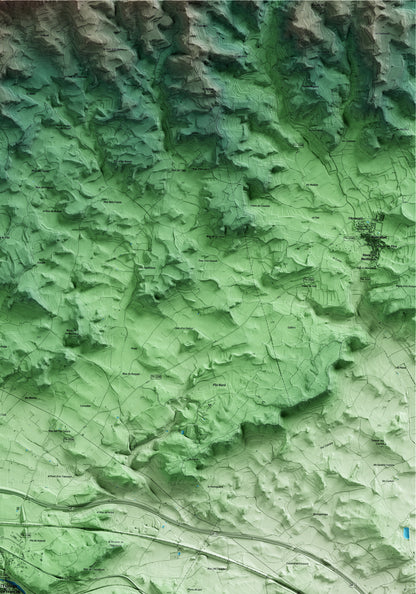 Mapa artístico del relieve de l'Espluga de Francolí, a la Conca de Barberà, con 15 km de entorno y base topográfica ICGC. Detalle de la zona superior derecha.