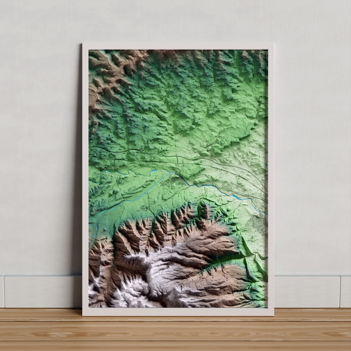 Mapa artístico del relieve de l'Espluga de Francolí, a la Conca de Barberà, con 15 km de entorno y base topográfica ICGC. Presentación enmarcada.