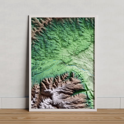 Mapa artístico del relieve de l'Espluga de Francolí, a la Conca de Barberà, con 15 km de entorno y base topográfica ICGC. Presentación enmarcada.