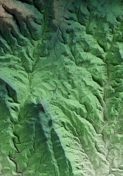 Mapa artístico del relieve de l'Espunyola, al Berguedà, con 15 km de entorno y base topográfica ICGC. Detalle de la zona inferior izquierda.