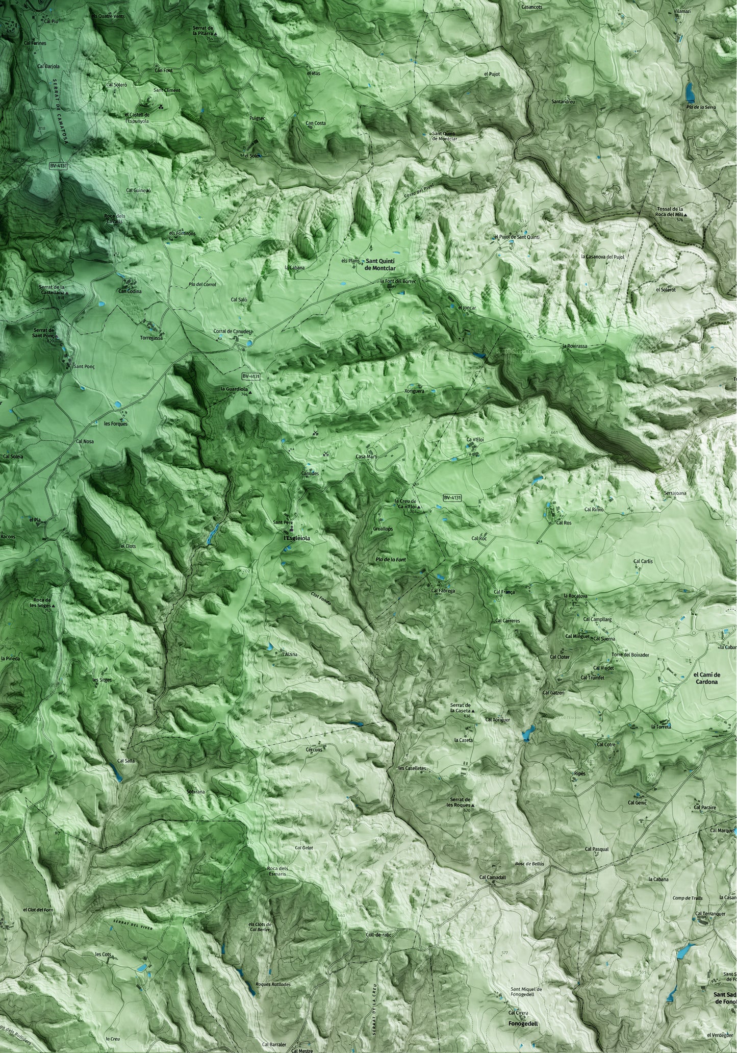 Mapa artístico del relieve de l'Espunyola, al Berguedà, con 15 km de entorno y base topográfica ICGC. Detalle de la zona inferior derecha.