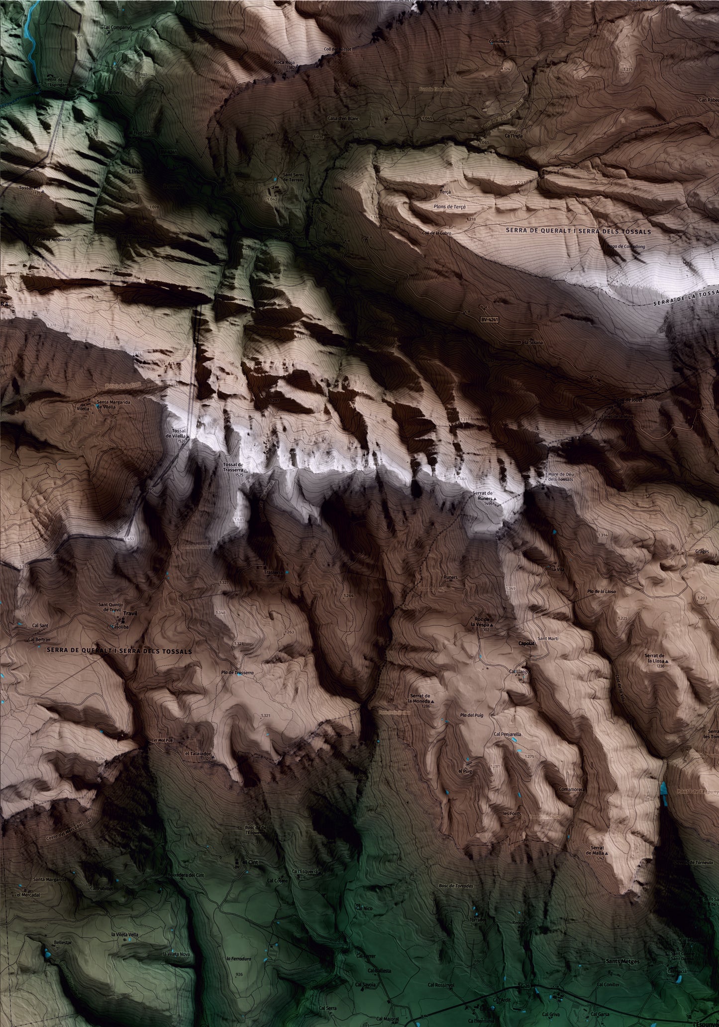 Mapa artístico del relieve de l'Espunyola, al Berguedà, con 15 km de entorno y base topográfica ICGC. Detalle de la zona superior izquierda.