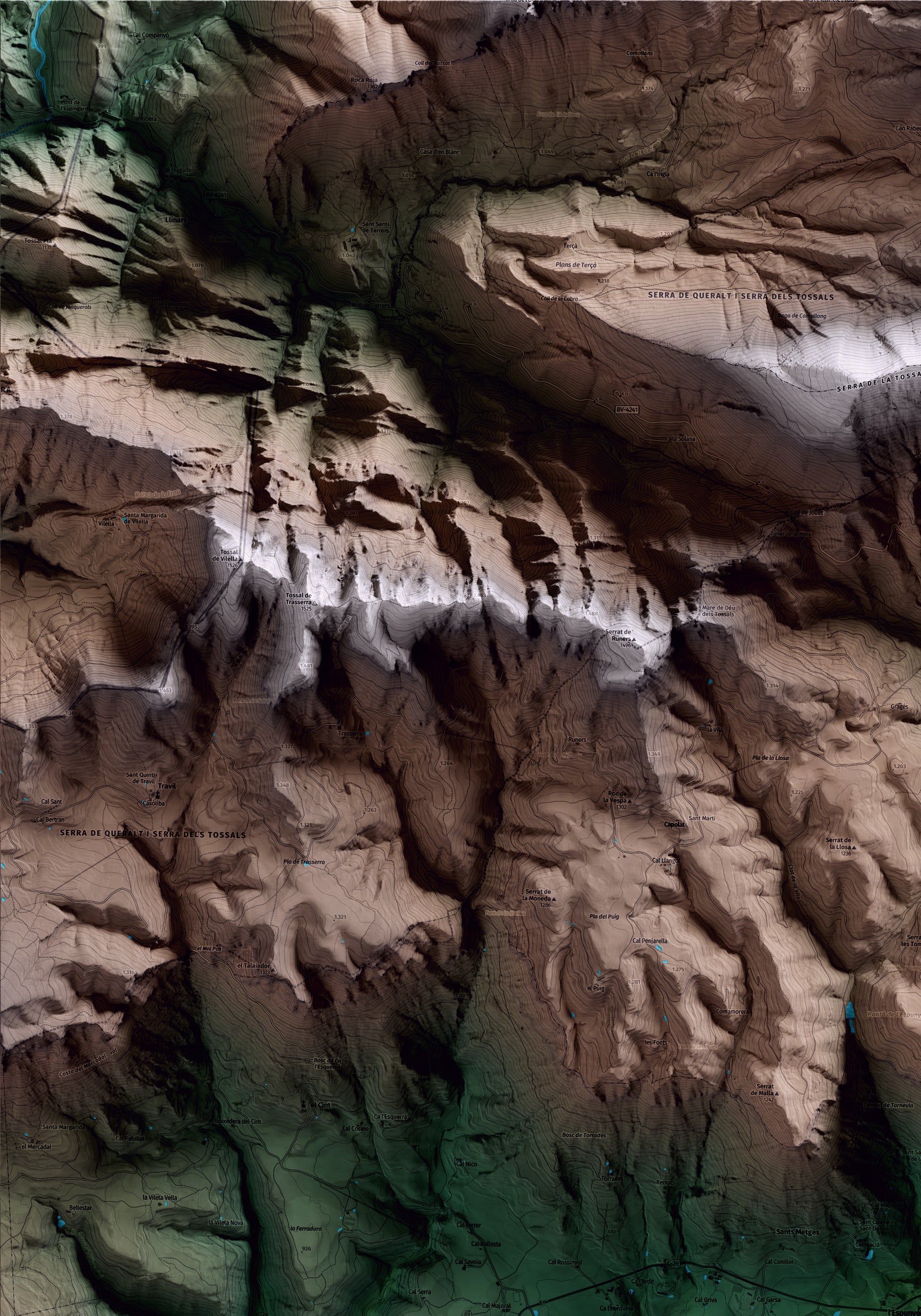 Mapa artístico del relieve de l'Espunyola, al Berguedà, con 15 km de entorno y base topográfica ICGC. Detalle de la zona superior izquierda.