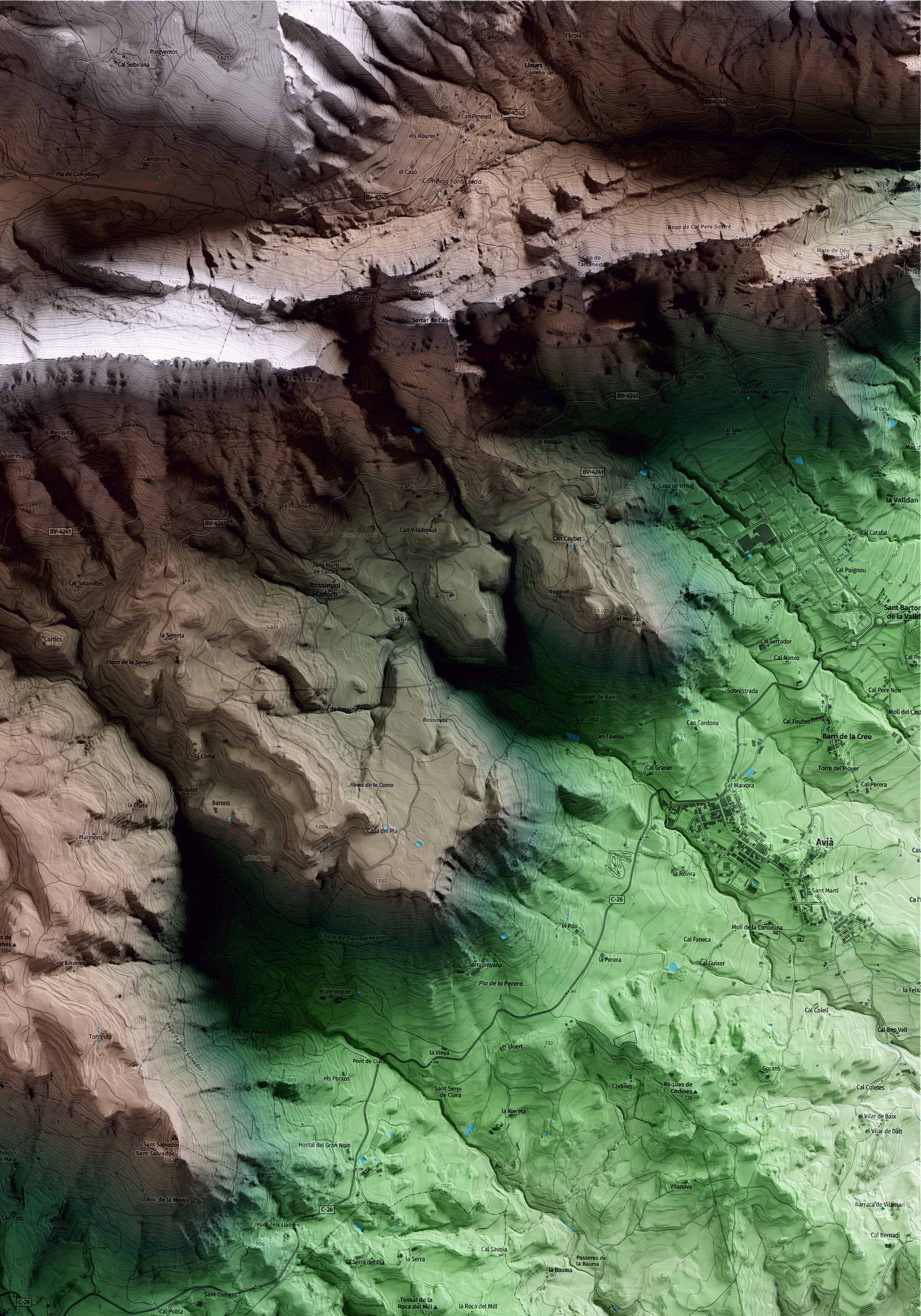 Mapa artístico del relieve de l'Espunyola, al Berguedà, con 15 km de entorno y base topográfica ICGC. Detalle de la zona superior derecha.