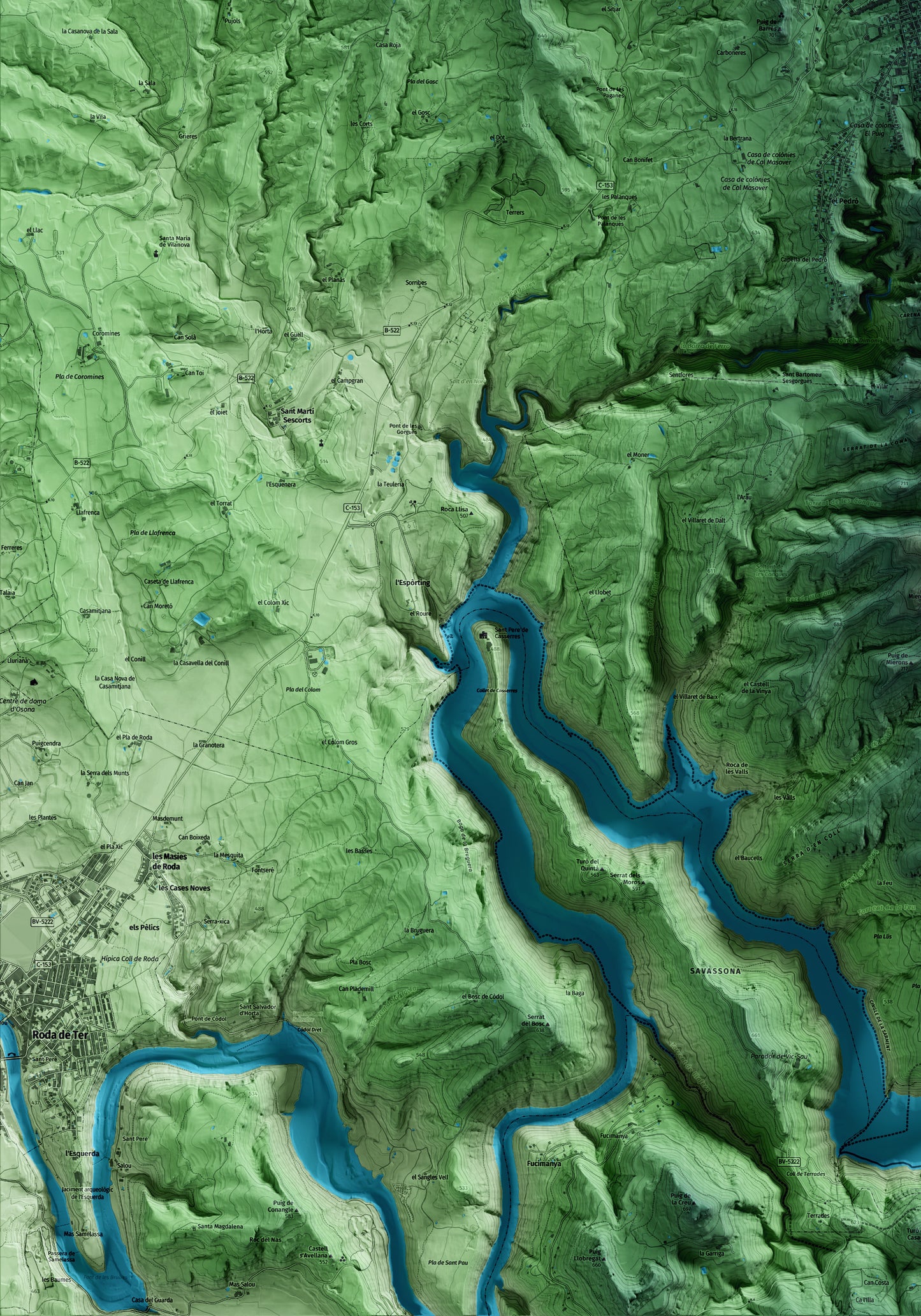 Mapa artístico del relieve de l'Esquirol, a Osona, con 15 km de entorno y base topográfica ICGC. Detalle de la zona inferior izquierda.