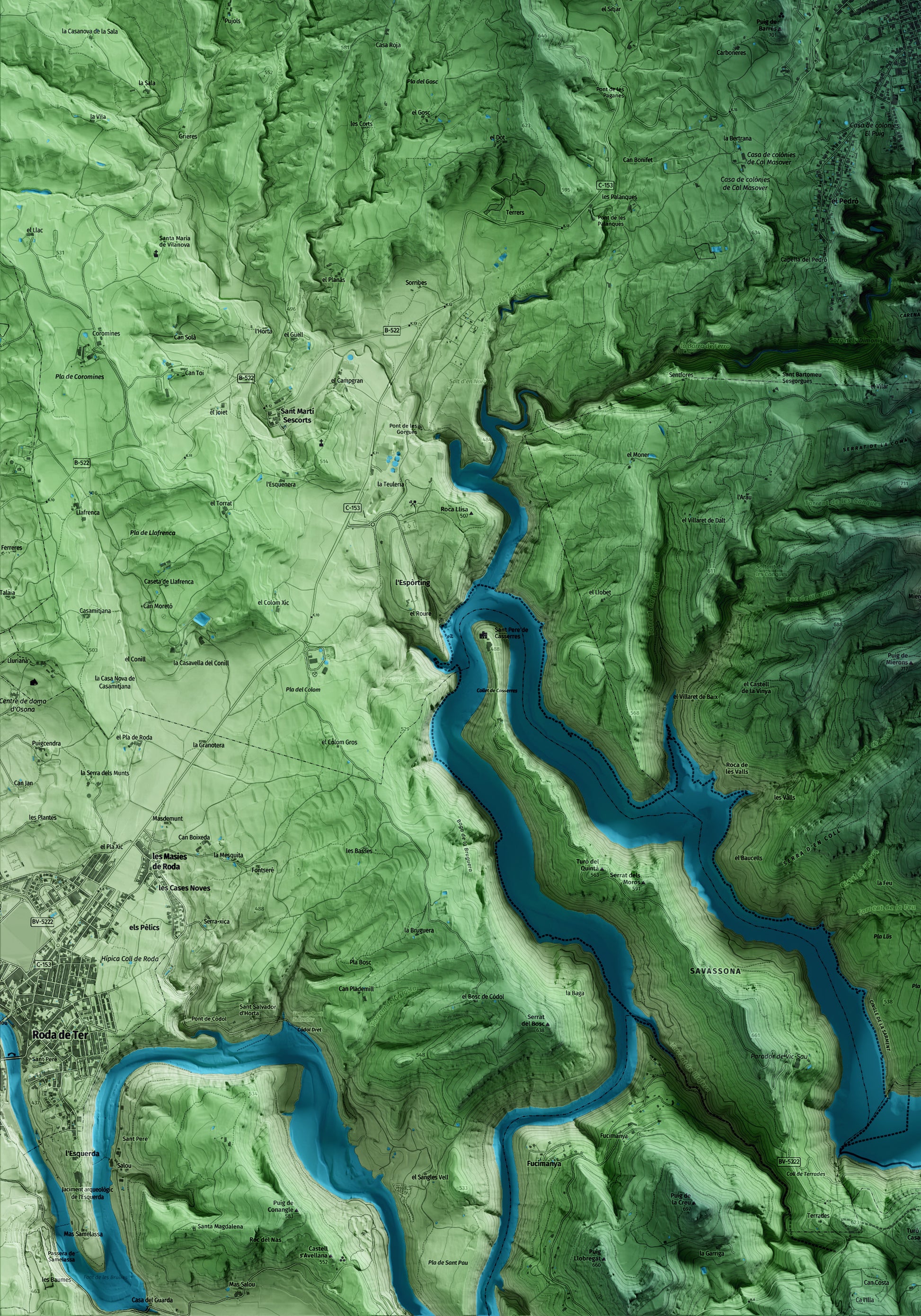 Mapa artístico del relieve de l'Esquirol, a Osona, con 15 km de entorno y base topográfica ICGC. Detalle de la zona inferior izquierda.