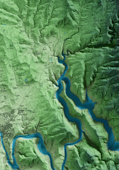 Mapa artístico del relieve de l'Esquirol, a Osona, con 15 km de entorno y base topográfica ICGC. Detalle de la zona inferior izquierda.