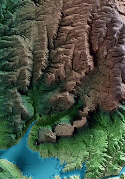 Mapa artístico del relieve de l'Esquirol, a Osona, con 15 km de entorno y base topográfica ICGC. Detalle de la zona inferior derecha.