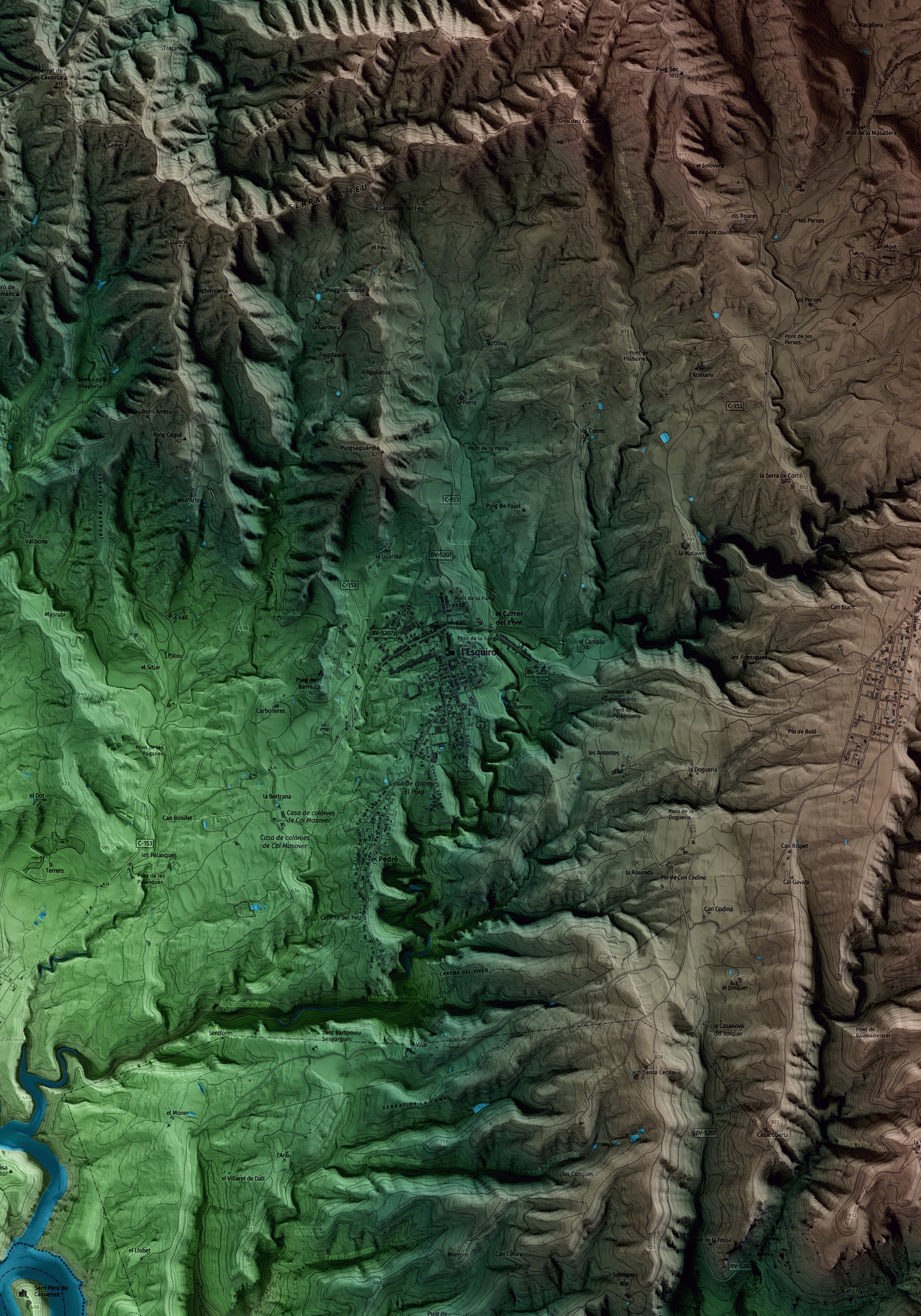 Mapa artístico del relieve de l'Esquirol, a Osona, con 15 km de entorno y base topográfica ICGC. Detalle de la zona central.